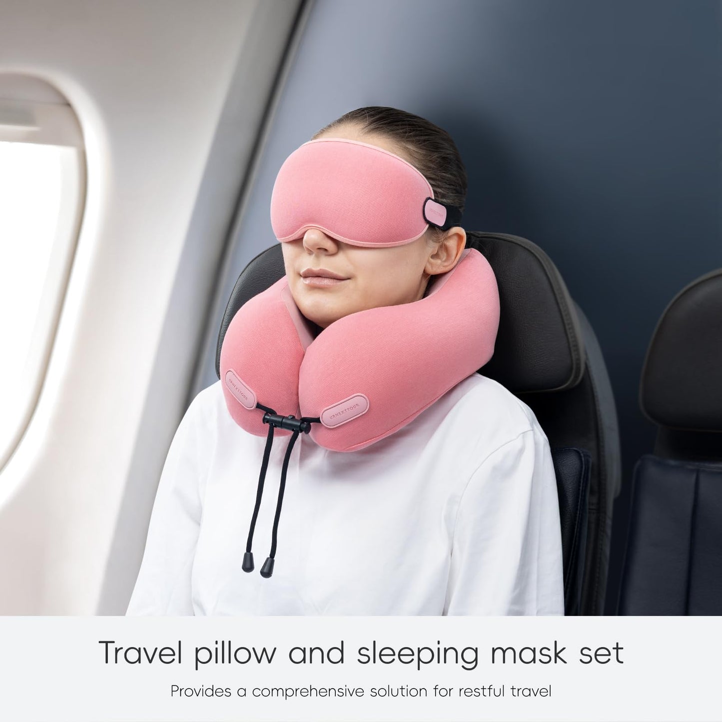 urnexttour Neck Pillow for Travel Memory Foam Design Models Pillows with Zero Eye Pressure 3D Eye Mask and Compact Bag Traveling Essentials Plane Car Flight Rest Sleeping Use Adult, Pink