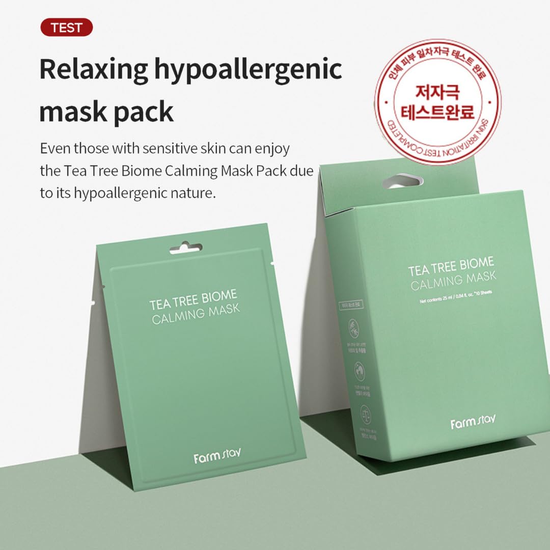 FARMSTAY TeaTree Biome Calming Mask -Daily Facial Gentle for Sensitive Skin, Korean Skin Care, Hydrating& Soothing, Acne Calming mask,100% cellulose, for Women,Men,Teenager,0.84 fl.oz.*10Sheets