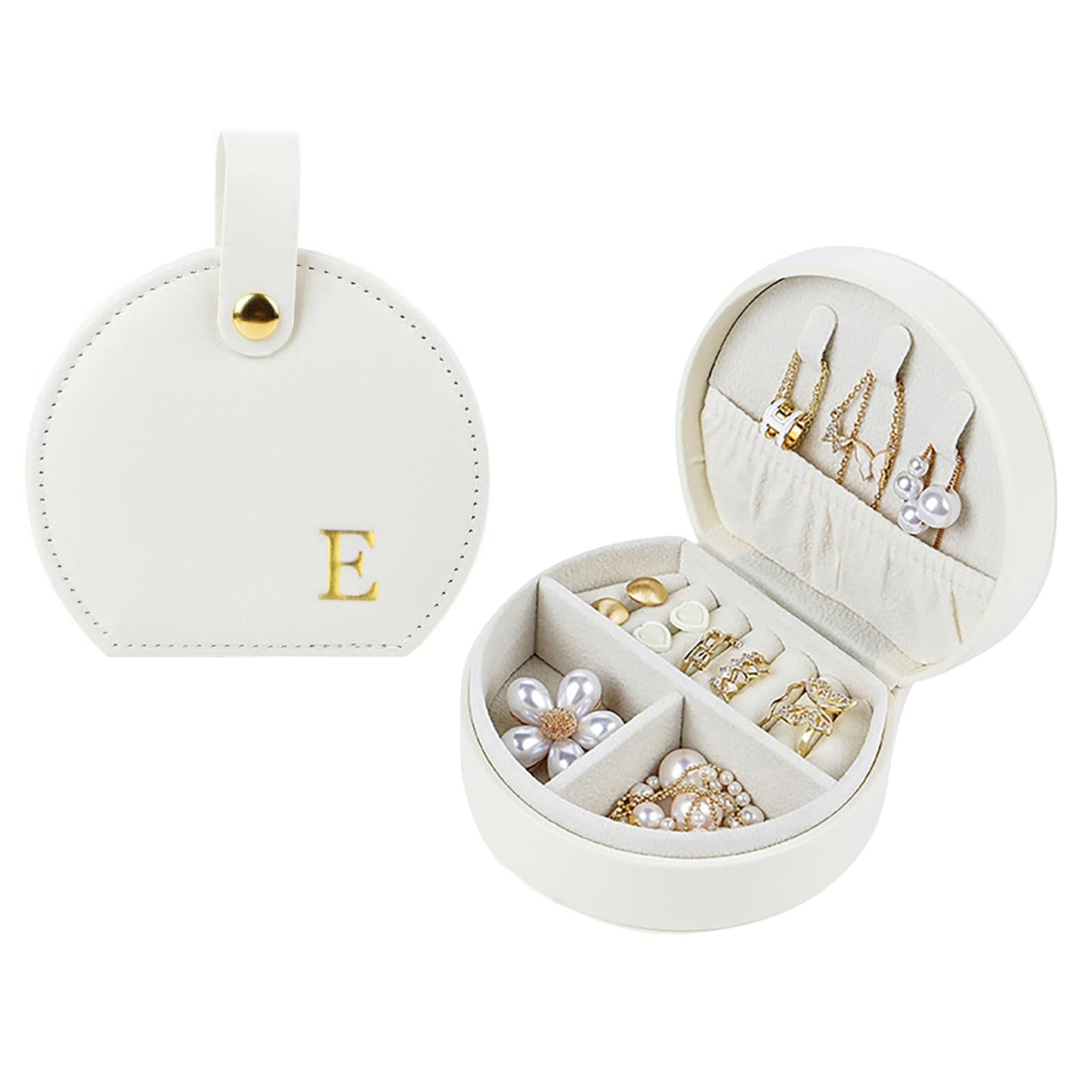 Travel Jewelry Case,Personalized Jewelry Box,Elegant Half-Moon Design with Personalized Golden Initial Case,Personalized Gifts for Women,Jewelry organizer;Personalized Gifts for Women or Friends(E)