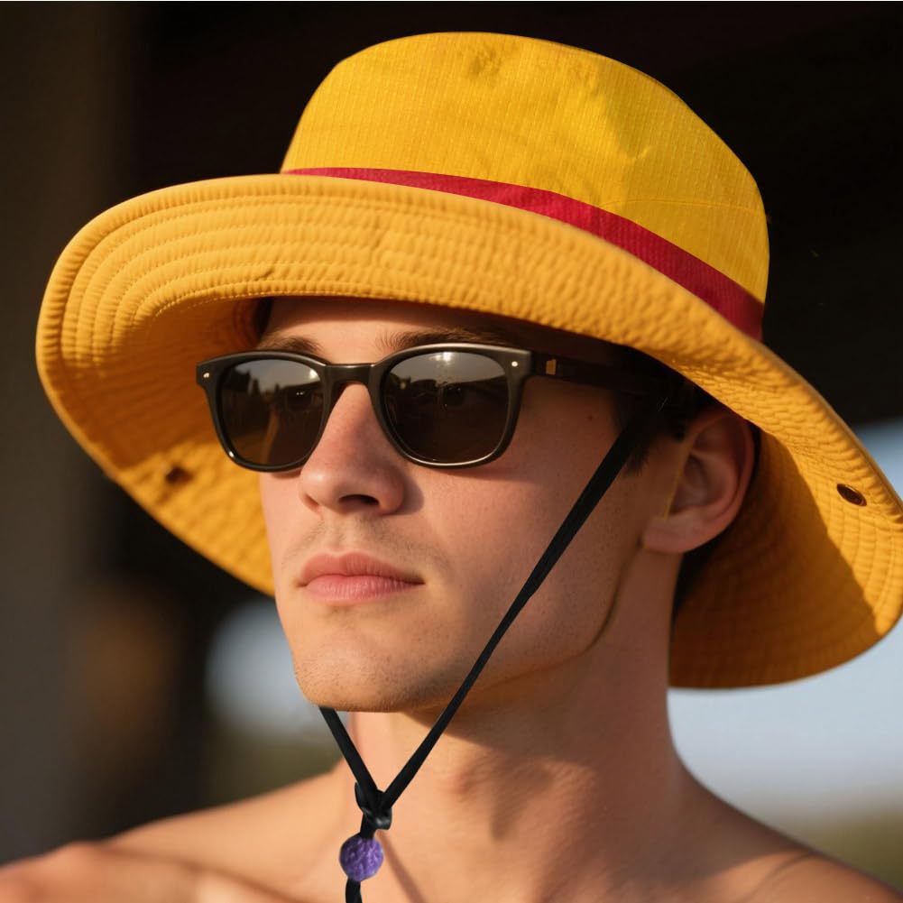 3-in-1 OP Captain Inspired Sun Hat Set - UPF 50+ Foldable Wide Brim Bucket Hat with Adjustable Back Vent + Strawhat Key Case & Enamel Pin, Unisex Waterproof Outdoor Hat for Women/Men