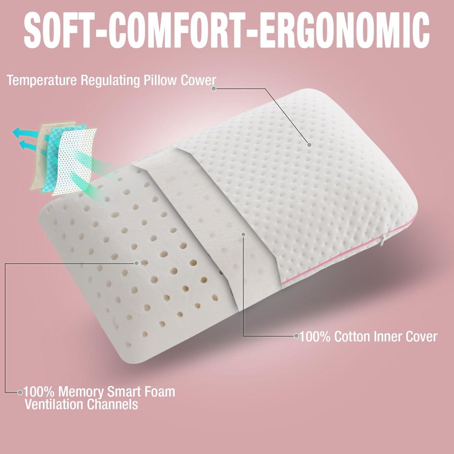 alkamto Travel & Camping Comfortable Memory Foam Pillow – Easy to Carry Portable Bag – Temperature Regulating Pillow Case (Pink + Extra Cover)