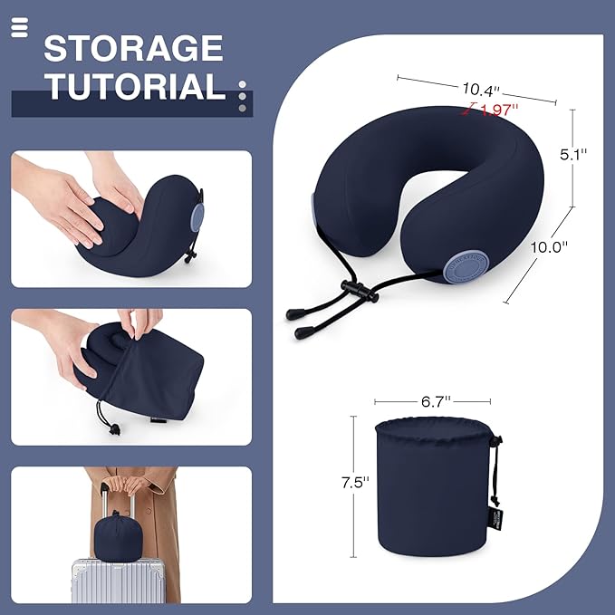 Travel Neck Pillows for Airplane Adults, Memory Foam Neck Support Travelling Pillow with Washable Cotton Pillowcases and Storage Bag, for Car, Train, Flight, Office and Home Use Adults Blue