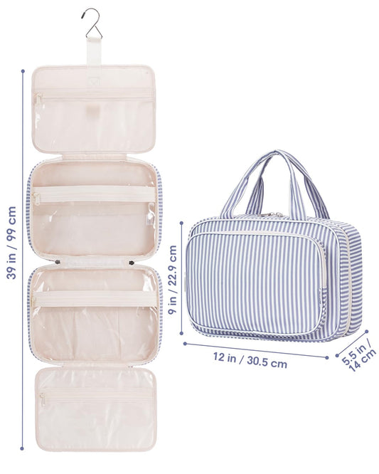 Narwey Striped Travel Toiletry Bag for Women Large Hanging Makeup Bag Organizer Toiletries Bag for Full Size Essentials Accessories Cosmetics (Greyish Blue Stripe (Large))