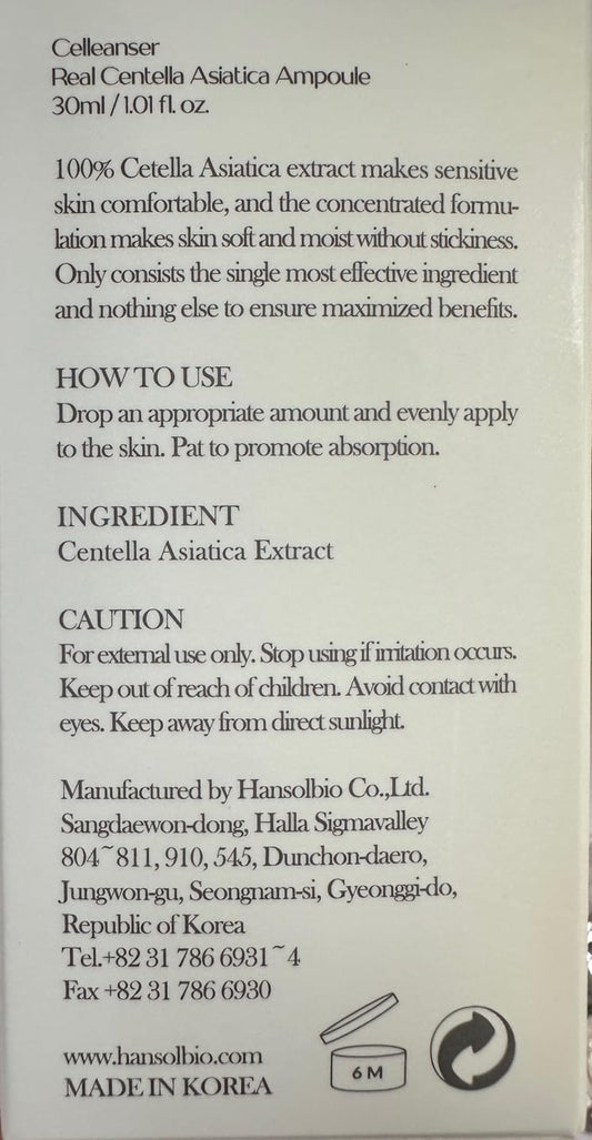 CELLEANSER Real Ampoule - 100% Centella Asiatica Extract Water, Single-Ingredient Soothing Serum for Sensitive Skin, 1.01 fl.oz