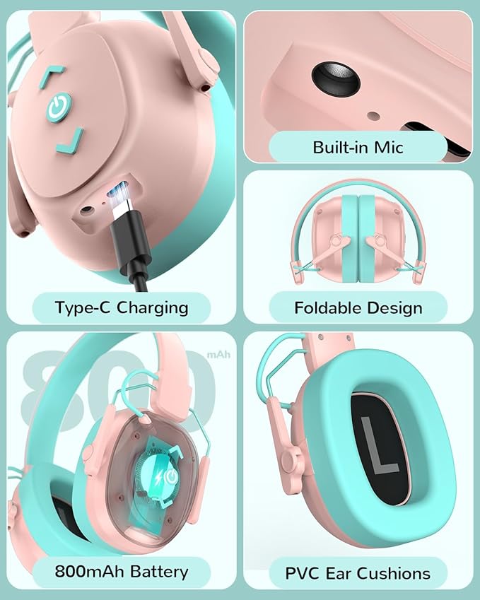 Kids Safety Earmuff Bluetooth 6.0, 29dB SNR Noise Reduction 94dB Lock Noise Cancelling Headphones (Pink)