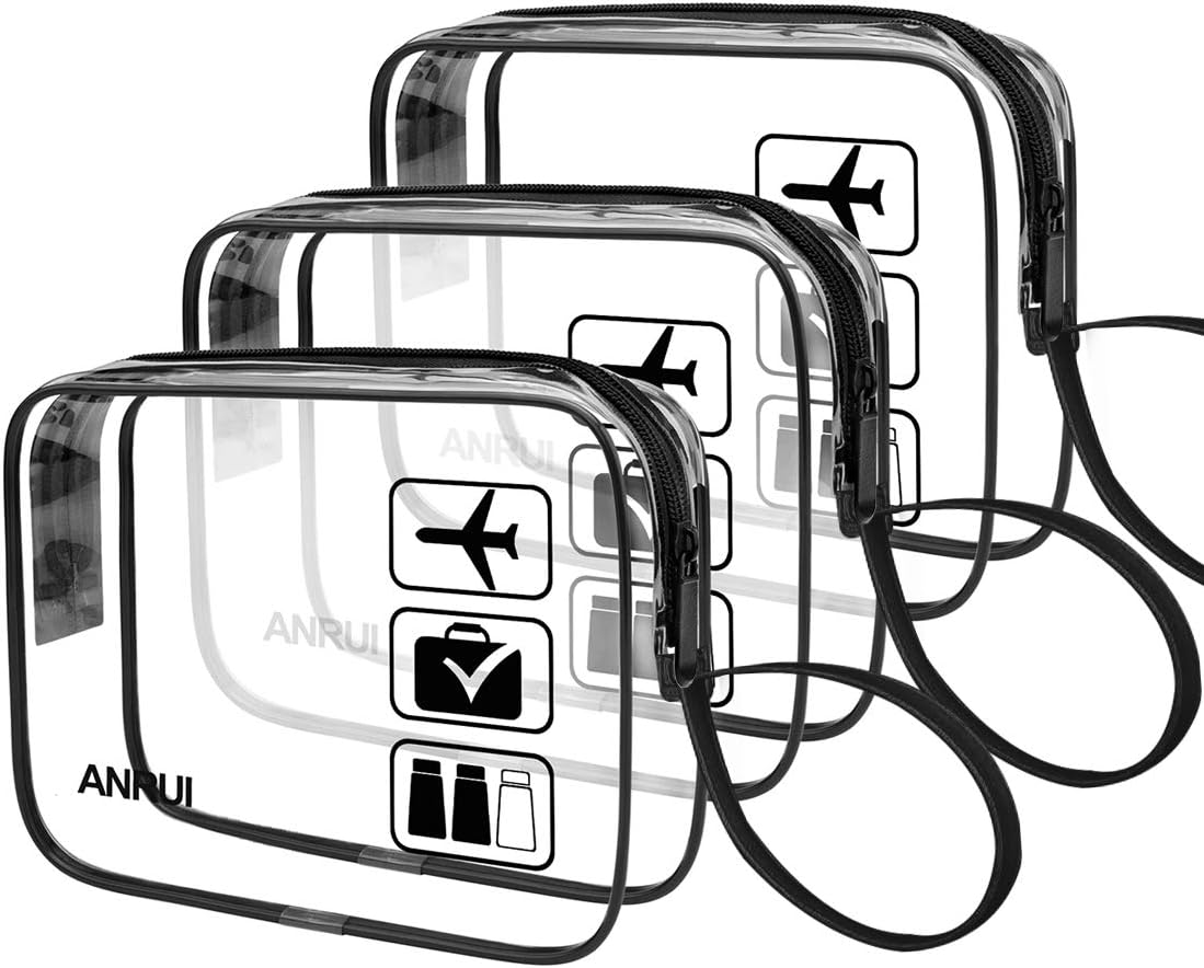 3pcs TSA-Approved Clear Travel Toiletry Bag With Handle Strap, ANRUI Airline Kit 3-1-1 Clear Liquids Toiletries & Cosmetics Organizer Carry-On Luggage for Women and Men - Black