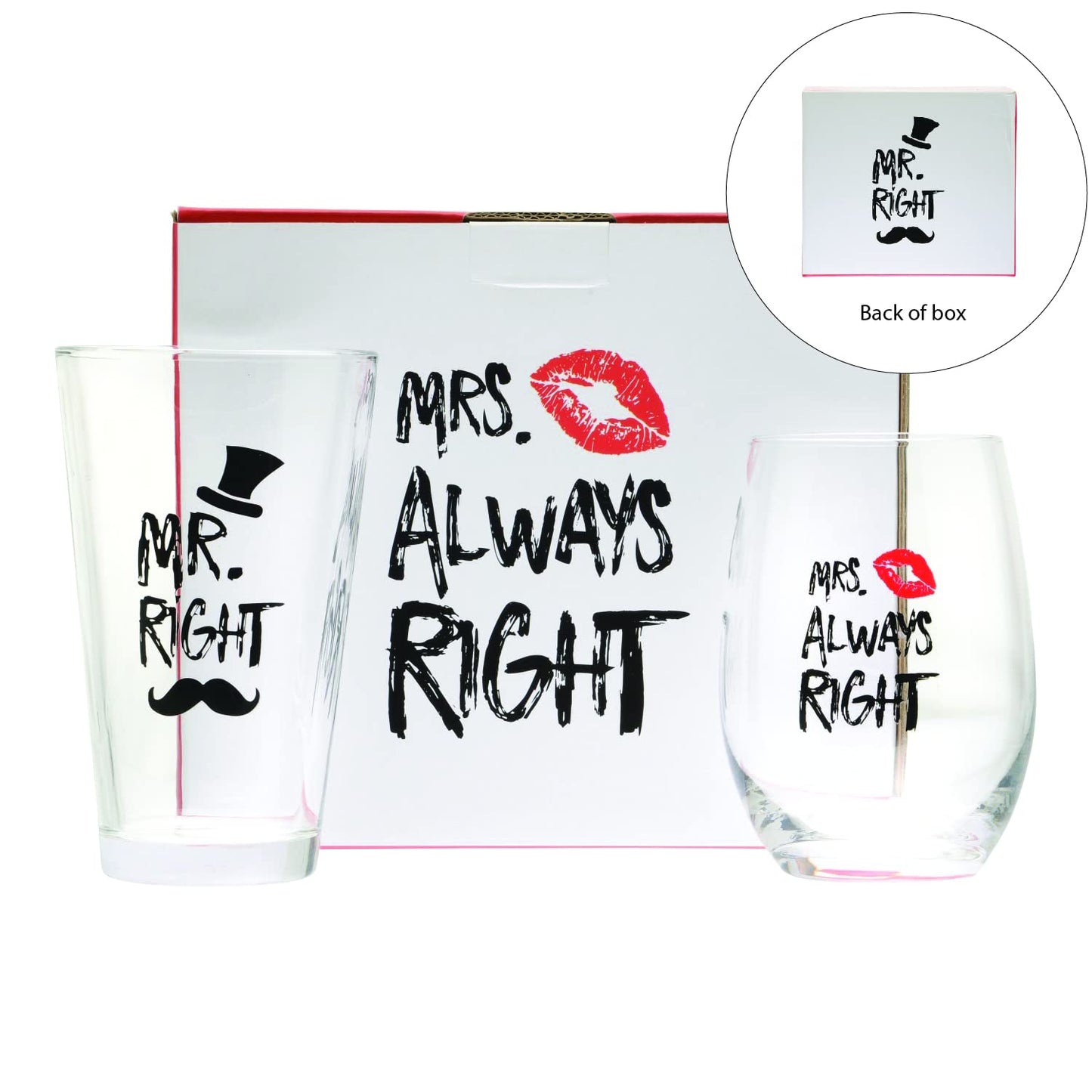Funny Mr. Right and Mrs. Always Right Novelty Wine Glass and Beer Glass | Includes Fun, Stylish Gift Box | For Weddings, Engagement, Newlywed, Bachelorette, Anniversary, Couples Gifts