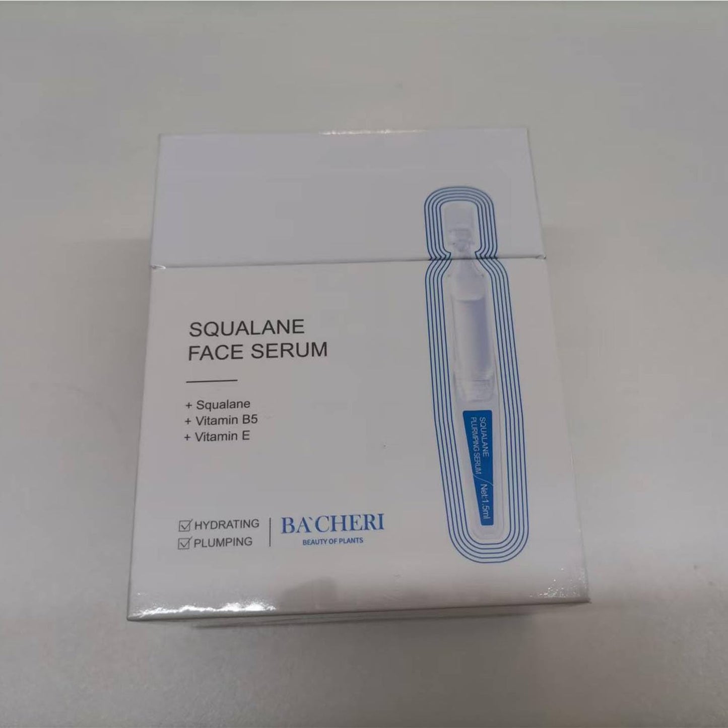 BACHERI Squalane Serum for Face # 15 Pcs/Box, with Vitamin E, Vitamin B5 and Vitamin A derivative, Moisturizing Serum Soft Ampoules to Smooth Dry and Sensitive Skin