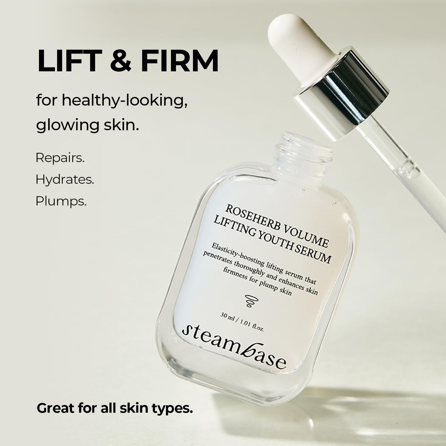 STEAMBASE Roseherb Volume Lifting Youth Serum, 1.01 fl oz - Hydrating Peptides & Rose Herb Serum for Face, Plump, Glowy Skin | Korean Skin Care, Travel Size