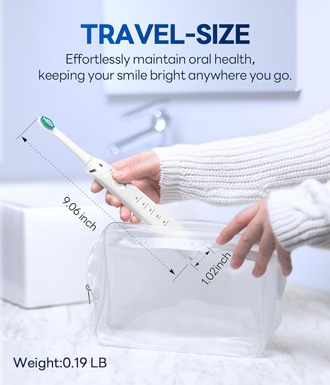 Bymore Electric Toothbrush for Adults,Travel Sonic Toothbrush with 8 Replacement Heads, Ultra Clean RechargeableToothbrush Portable One Charge for 330days 5 Modes 2mins Timer-White