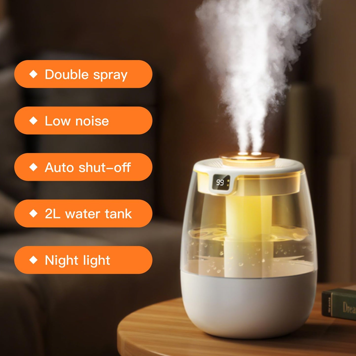 SwiftCool Double Spray Air Humidifier for Bedroom, 2L Quiet Cool Mist Humidifier for Plants Dorm Room Office Home Car Personal Humidificador with Digital Display 3 Mist Modes & Night Light