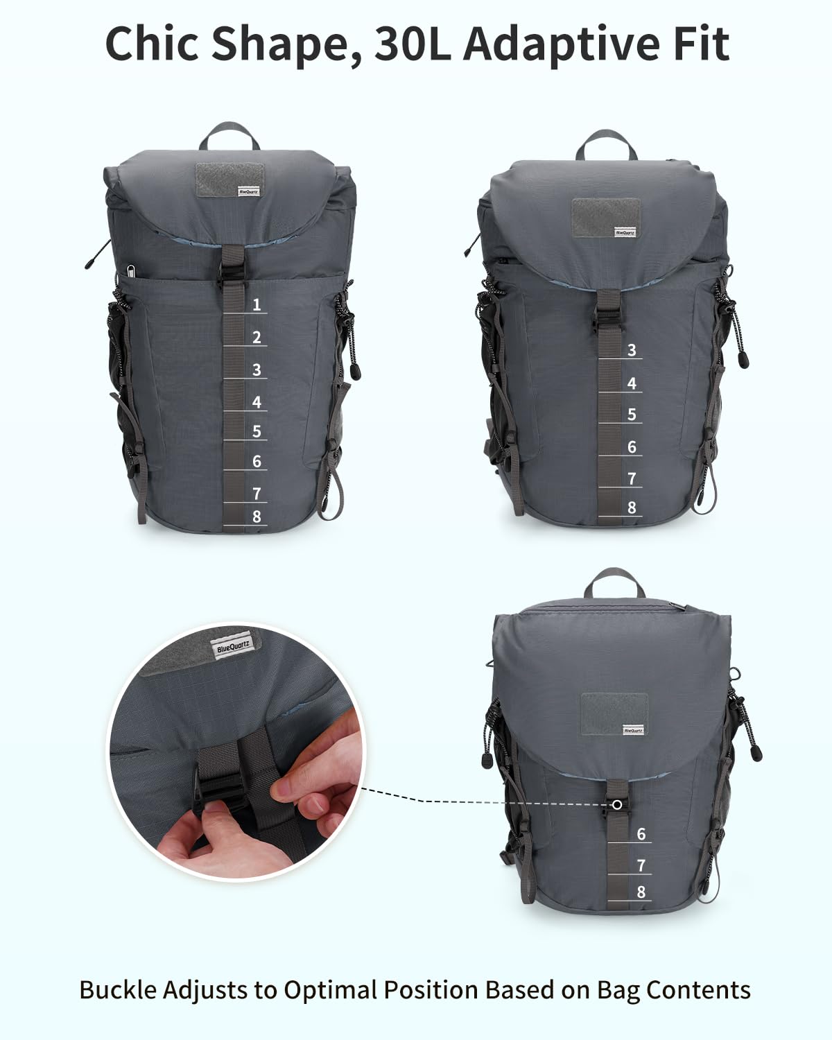 Blue Quartz Hiking Backpack 30L Lightweight Packable Backpack for Travel, Water Resistant Foldable Daypack for Women Men, Gray