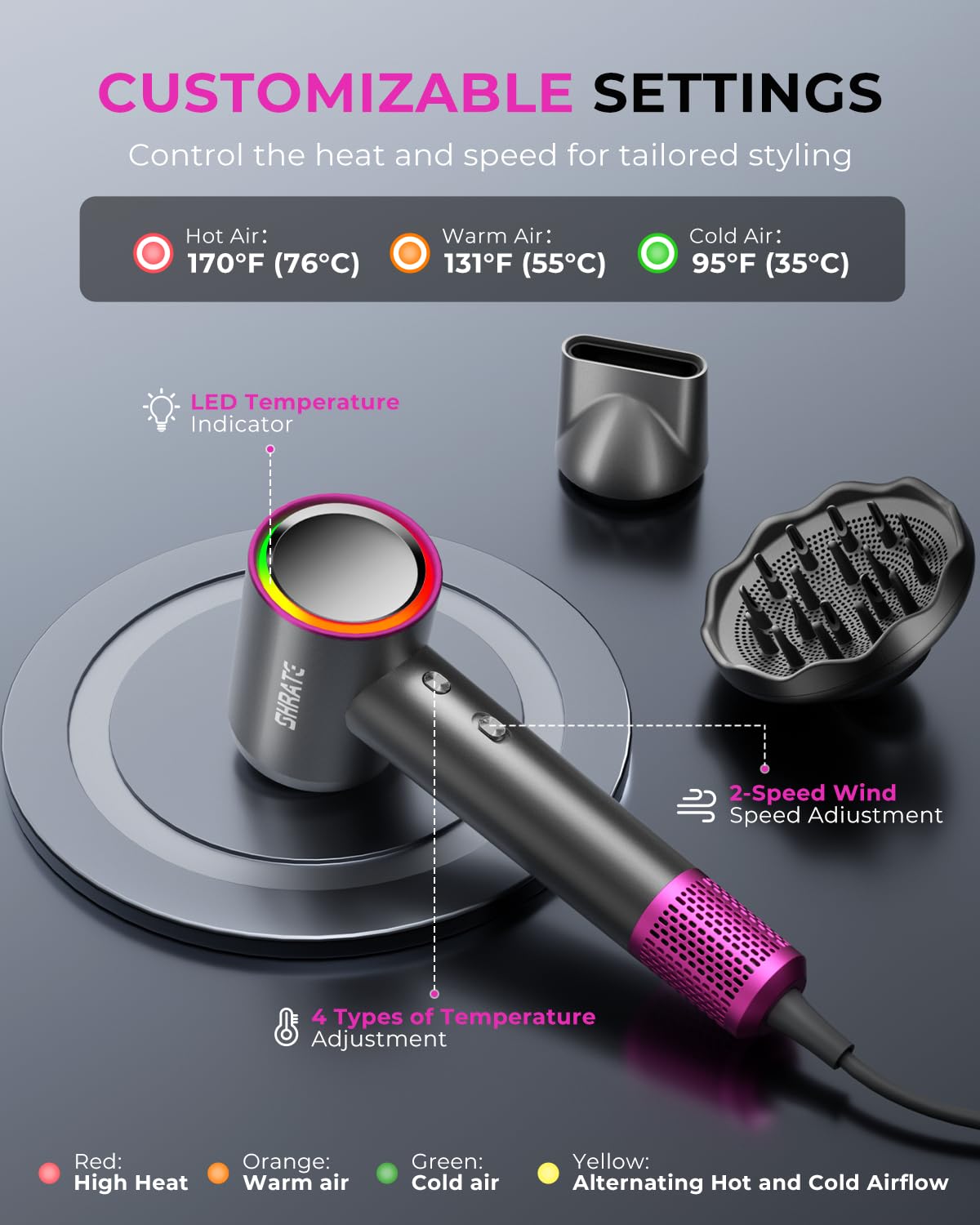 SHRATE Professional High Speed Ionic Hair Dryer | Ultra-Fast Drying | 500 Million Negative Ions | Low Noise Thermo-Control | Compact Blow Dryer with Magnetic Diffuser for Faster Drying All Hair Types