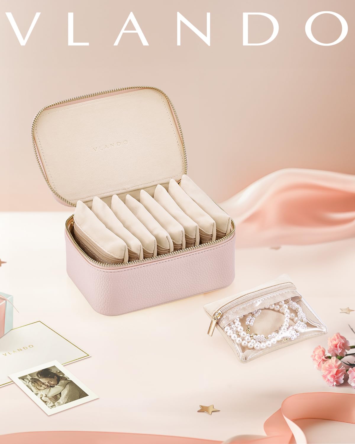 Vlando Travel Jewelry Organizer,Jewelry Box for Girls Women,Jewelry Case for 8 Pcs Velvet Jewelry Bags Storage for Necklace Rings Girls Women Valentines Gift Birthday Gifts-Pink