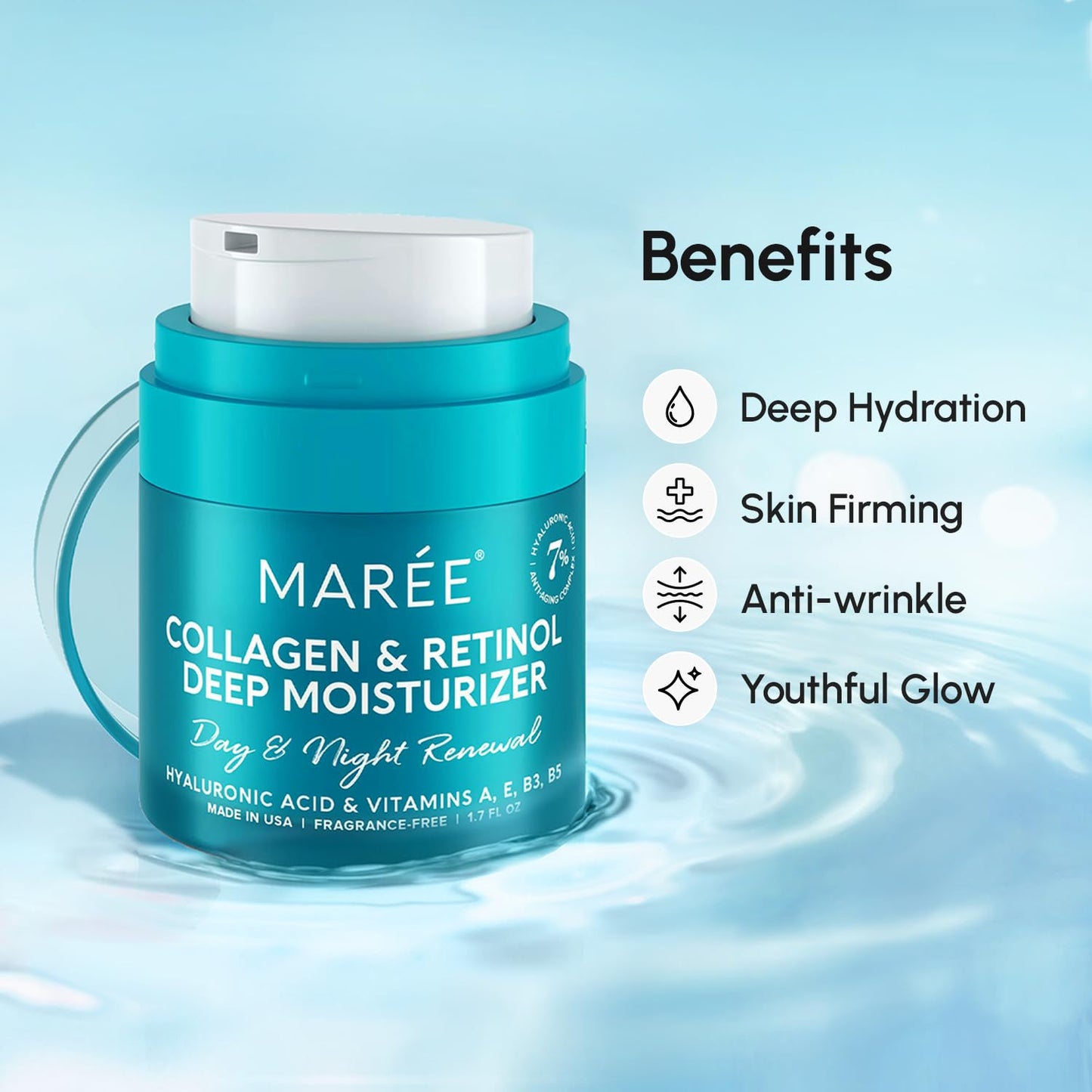 MAREE Face Moisturizer Retinol Cream for Face - Wrinkle Cream for Women - Anti Aging Face Cream - Facial Moisturizer with Collagen - Crema Hidratante Para la Cara for Skin Tightening