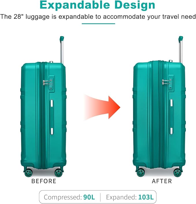 Kono 28 Inch Luggage Expandable Suitcase Lightweight with Spinner Wheels TSA Lock Hardside Large Checked Luggage Durable Rolling Suitcase Turquoise