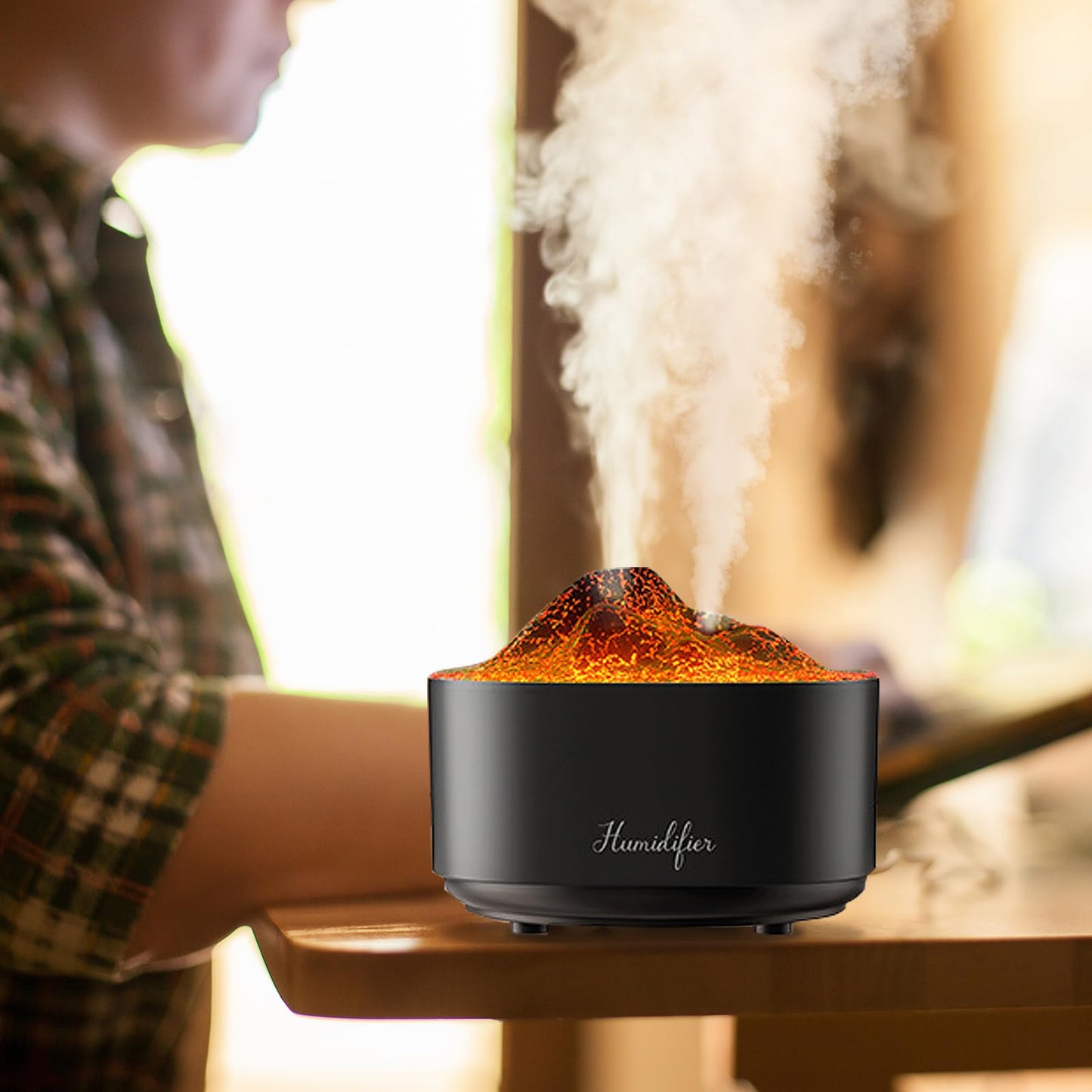 Humidifier for Bedroom,1.5L Volcano Essential Oil Diffuser,Air Diffuser with Premium Flame Lights Dual Nozzle Design, Auto Shut-Off USB Desk Humidifier, Ultra-Silent for Bedroom Travel Office.