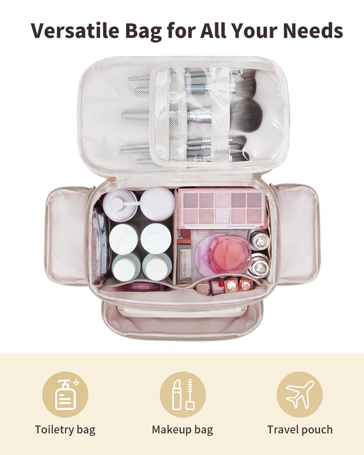 WANDF Travel Toiletry Bag for Women, Wide-open Large Makeup Bag with Handle, Puffy Makeup Organizer for Toiletries, Cosmetics, Accessories, Essentials (Light Khaki)