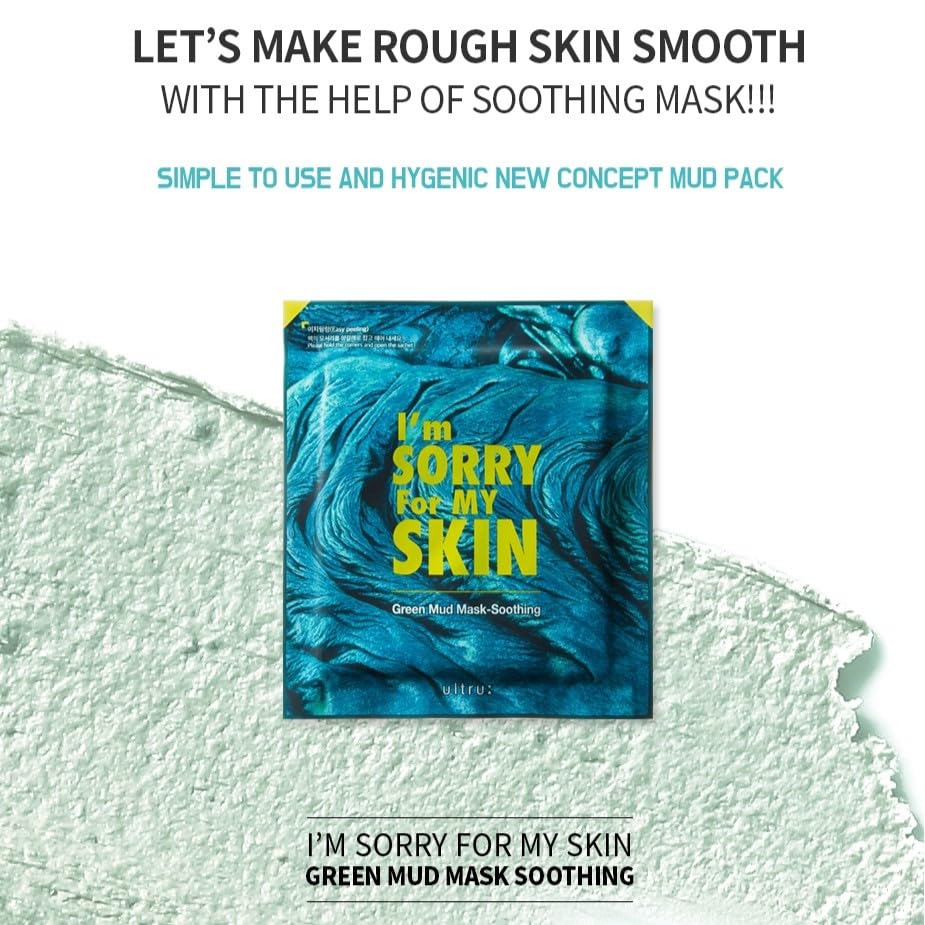 I'M SORRY FOR MY SKIN Bentonite Clay Mud Sheet Masks Set, Korean Skin Care, Exfoliating Face Masks with Volcanic Ash, Sebum Control, Pore Minimizer, Tightening, Soothing (Black 2pcs & Green 2pcs)