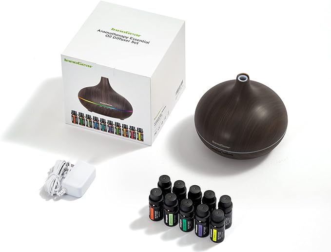 InnoGear Aromatherapy Diffuser & 10 Essential Oils Set, 400ml Diffuser Ultrasonic Diffuser Cool Mist Humidifier with 4 Timers 7 Colors Light Waterless Auto Off for Large Room Office, Dark Wood Grain