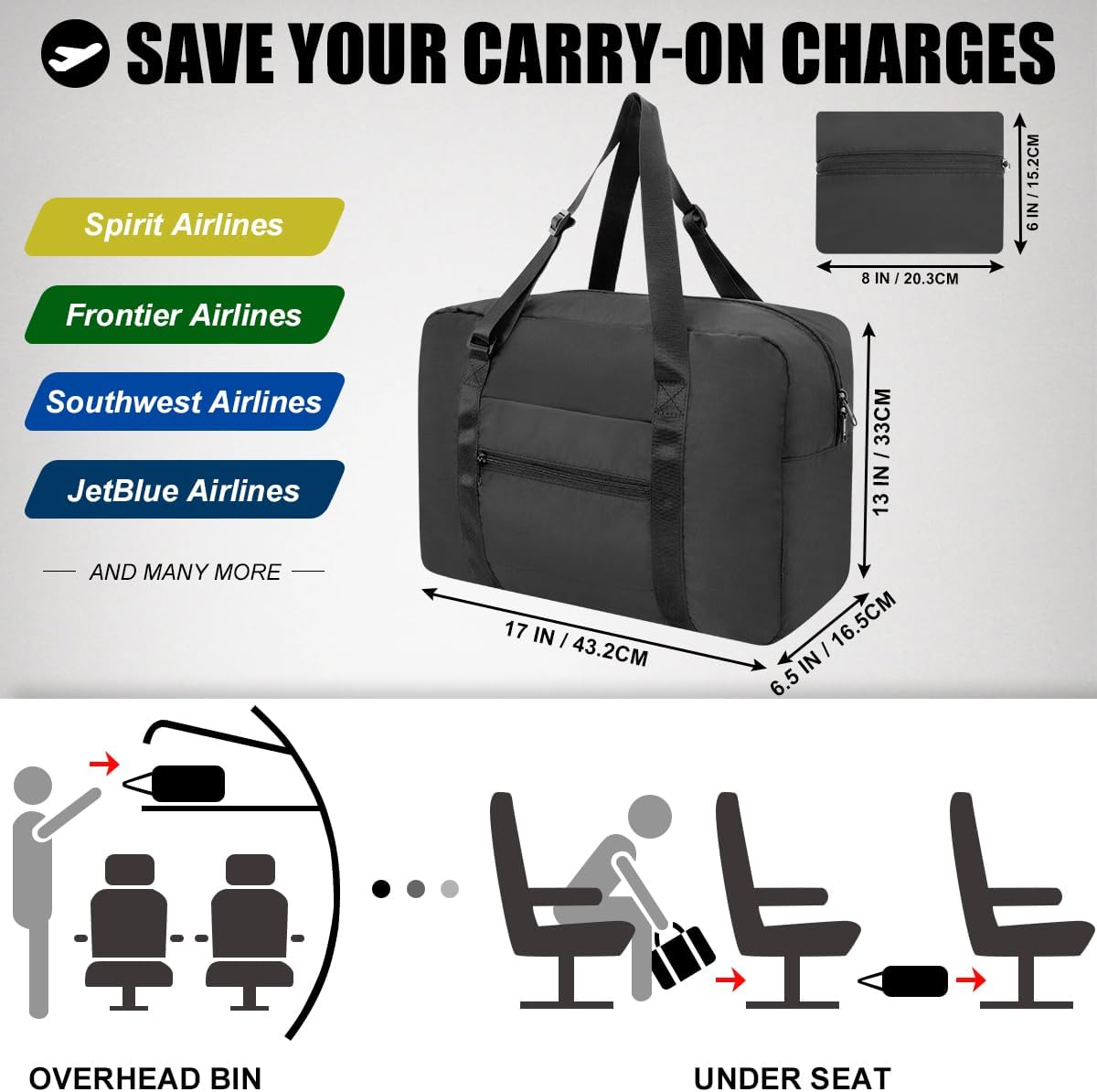 Small Duffle Bag for Travel, Personal Item Travel Bag Foldable Travel Tote Mini Gym Bag for Men Women, Black