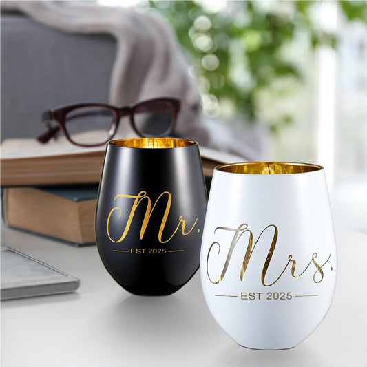 xilaxila Mr and Mrs EST 2025 Wine Glasses Gifts- Cool Engagement Gifts, Wedding Gifts for Couples, Bride and Groom, His and Hers- Bridal Shower Gifts for Bride To Be
