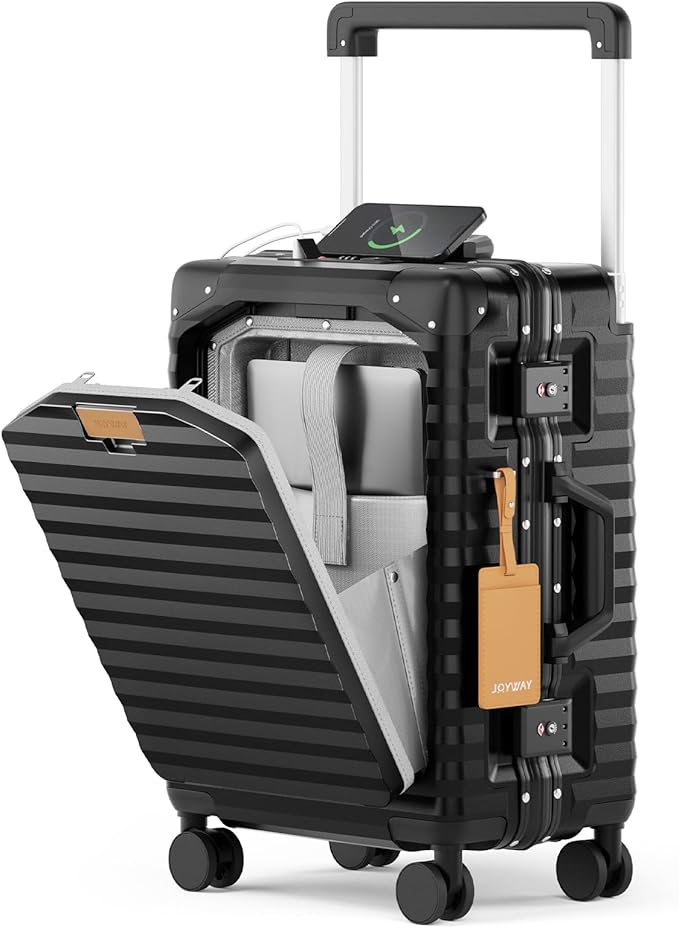 Joyway 20 Inch Carry on Luggage with Aluminium Frame and Front Pocket, PC Hardshell Suitcase with USB Port and Cup Holder, 21.5x14.2x9 Airline Approved, Luggage with Spinner Wheels and TSA Lock(Black)