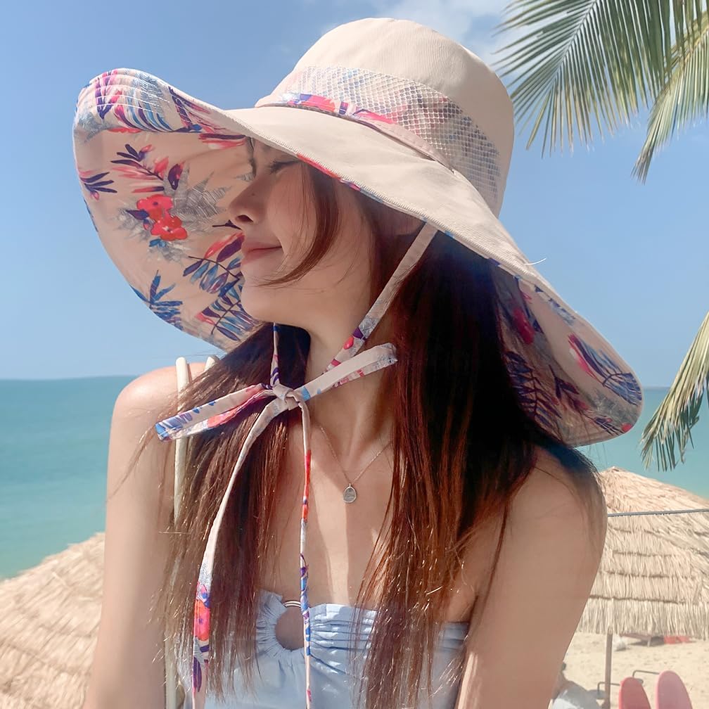 6" Extra Wide Brim Sun Hats UPF 50+ UV Protection Packable Beach Hat Strap Women (Beige)
