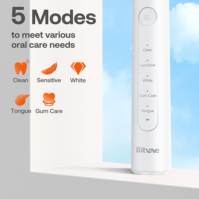 Bitvae R2 Rotating Electric Toothbrush for Adults with 8 Brush Heads, 5 Modes Rechargeable Power Toothbrush with Pressure Sensor, White
