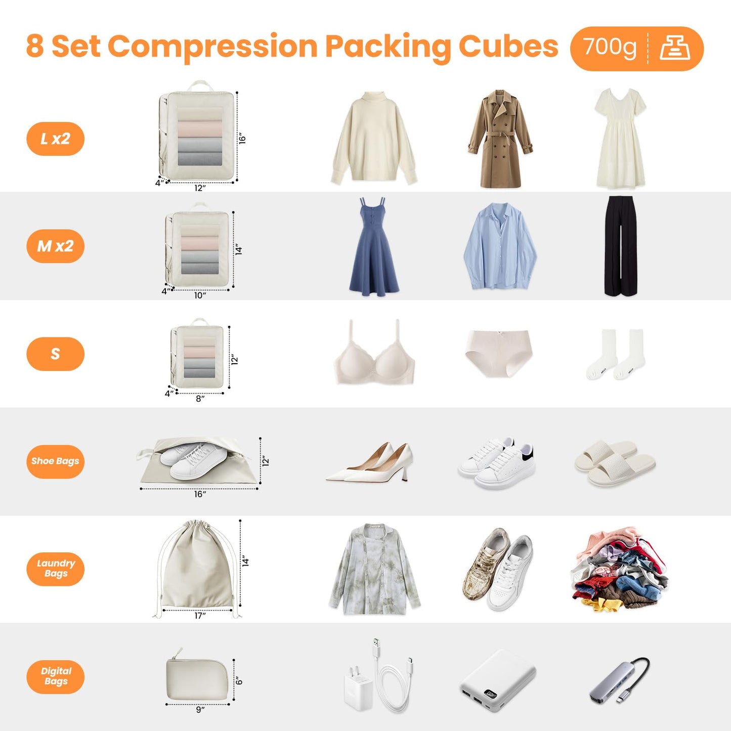 8 Set Compression Packing Cubes for Travel Suitcase Organizer Travel Essentials for Backpack Luggage Organizer Bags for Carry on (Beige)