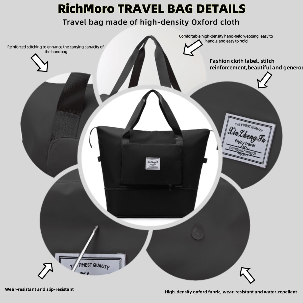 RichMoro Large Capacity Foldable Travel Bag, Expandable lightweight Carry on Bag, Dry with Wet Separation Spor Duffel Bags (Black)