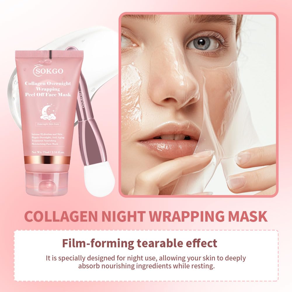 Sokgo Collagen Overnight Wrapping Mask, Intensive Hydration Anti Aging Overnight Skin Treatment, Boosts Elasticity and Firmness, Revitalizes Dull Skin Reduces Fine Lines and Wrinkles (1PCS)