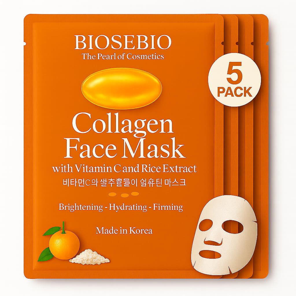 Korean Collagen Face Mask with Vitamin C & Rice Extract - BIOSEBIO Hyaluronic Acid Sheet Masks for Glowing Radiant Skin - Deep Hydrating, Moisturizing & Anti-Aging Facial Skincare for Women - 5 Pack