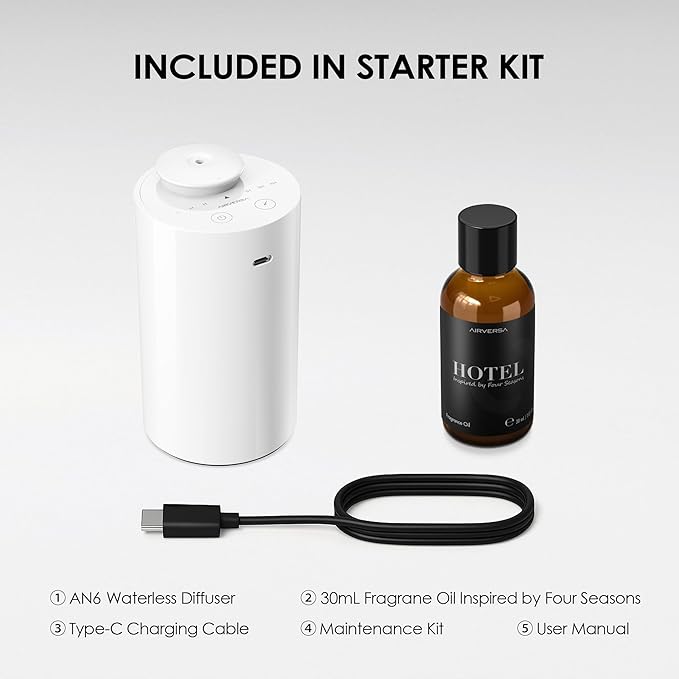 Waterless Essential Oil Diffuser Starter Kit with 30mL Fragrance Oil Inspired by Four Seasons Hotel, Battery Operated Mini Scent Air Machine Portable Diffuser for Home Car Office, White AN6