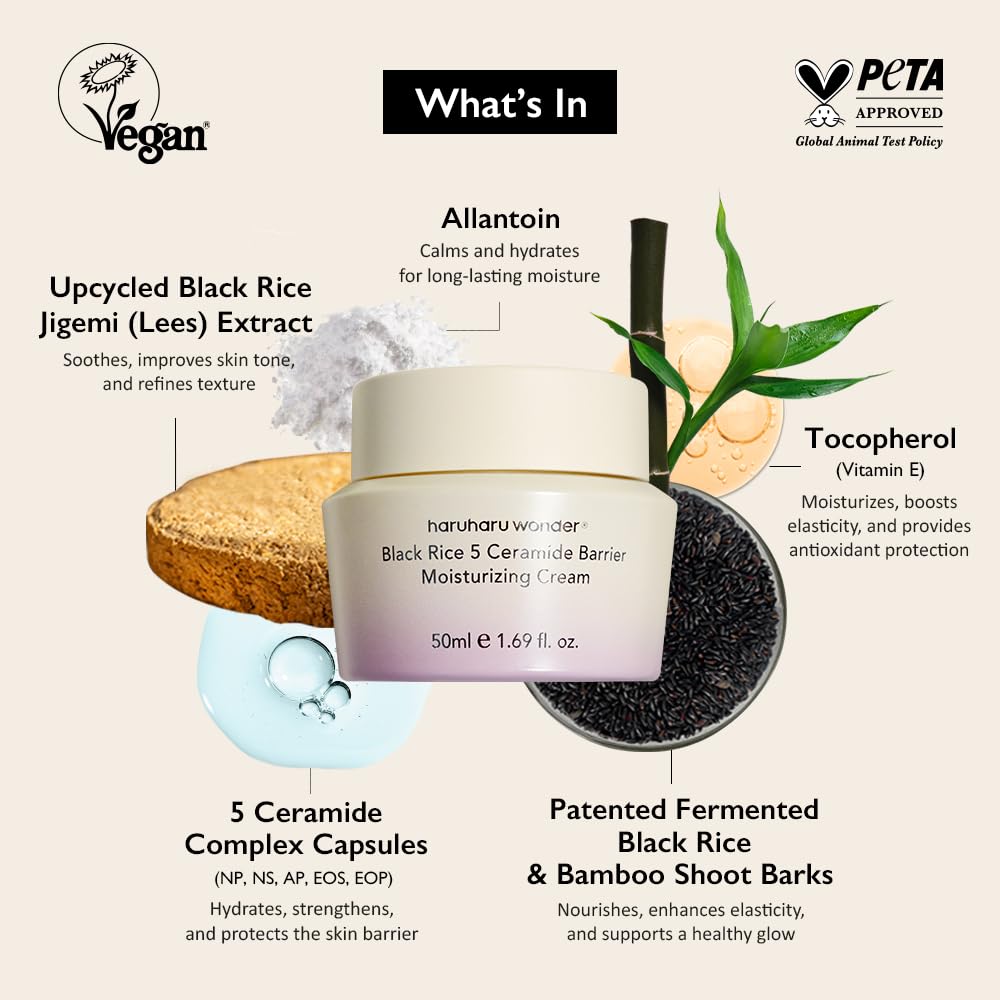 HARUHARU wonder Black Rice 5 Ceramide Barrier Moisturizing Cream, Daily Skin Barrier Care, Long-Lasting Hydration, Soothing & Nourishing, Ceramide Capsules, Korean Skincare, 1.69 fl.oz