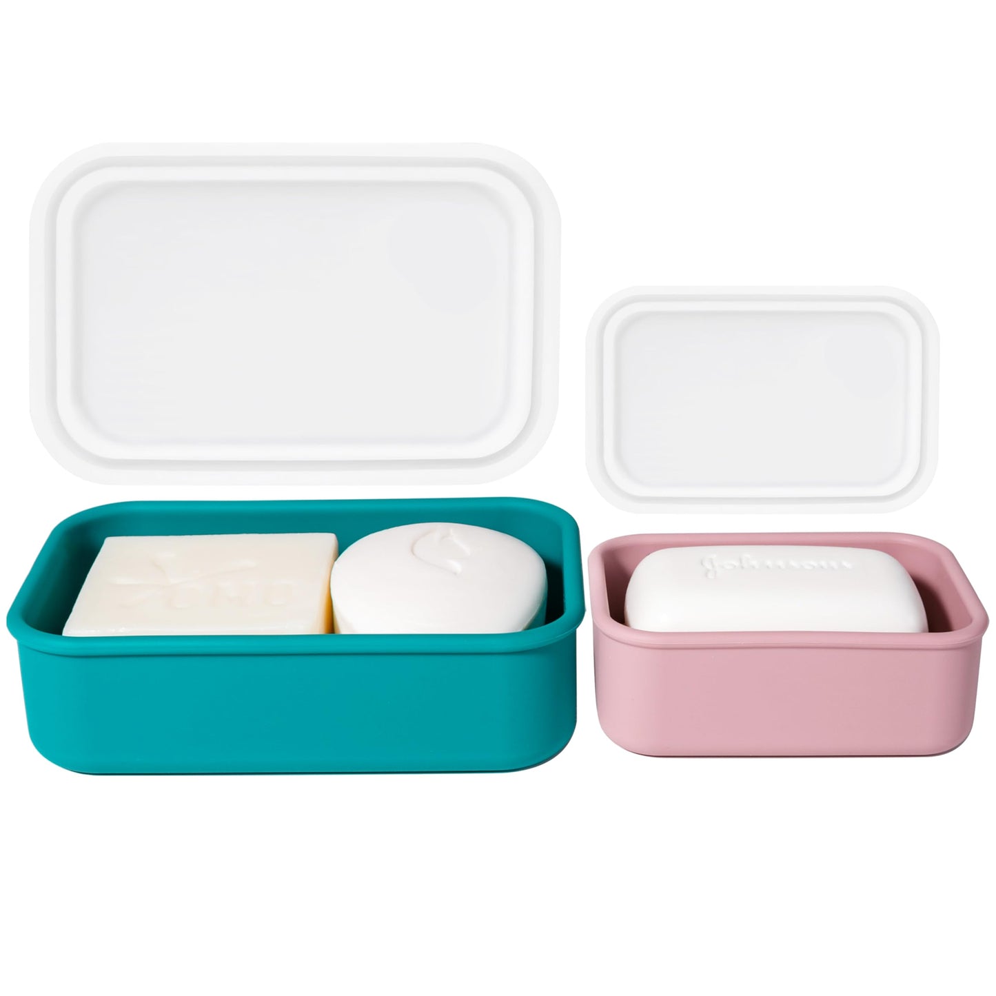 2PC Portable Leakproof Travel Soap Case, Silicone Travel Soap Case, Compact Soap Holder with Drainage Layer, Travel Soap Holder for Camping, Gym, Outdoor Turquoise&Flamingo