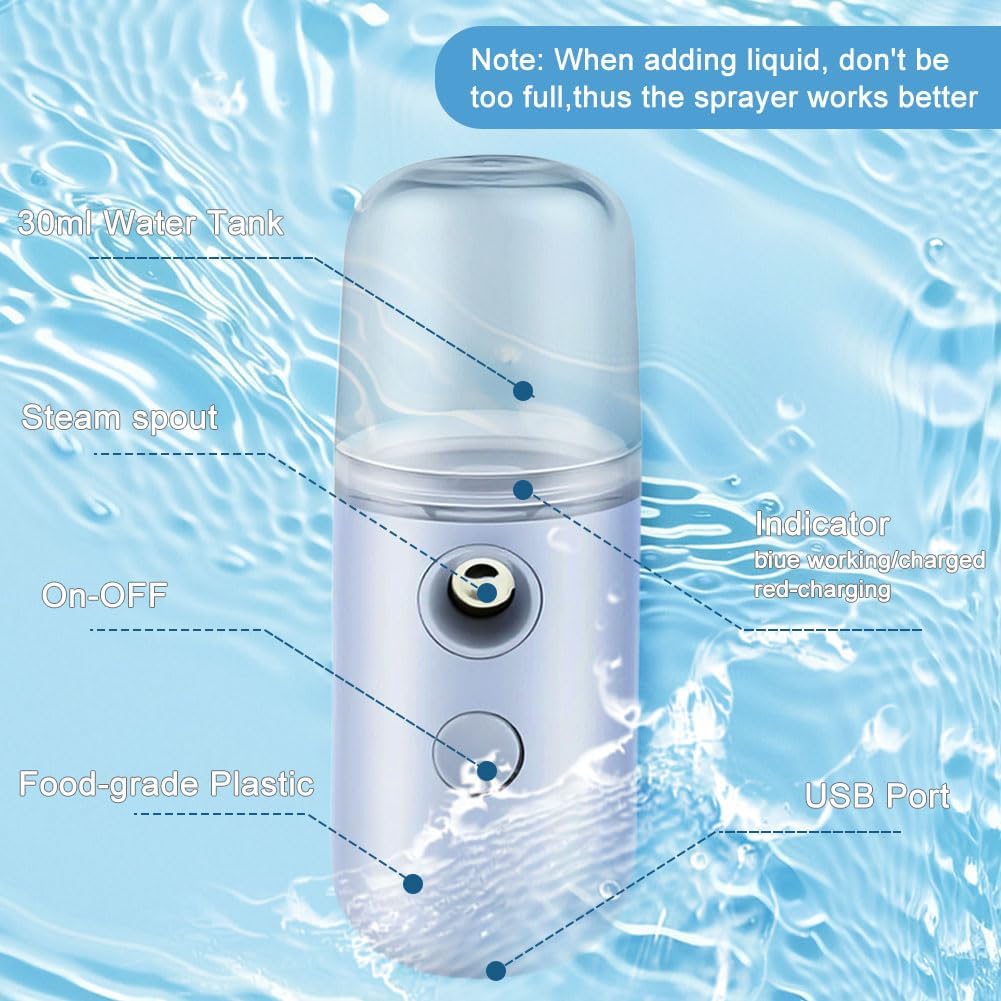 2PCS Portable Nano Face Mister, Abnaok Facial Steamer, USB Rechargeable Cool Mist Sprayer, 30ml Visual Water Tank, Nano Mister for Eyelash Extensions, Facial Deep Cleaning, Makeup