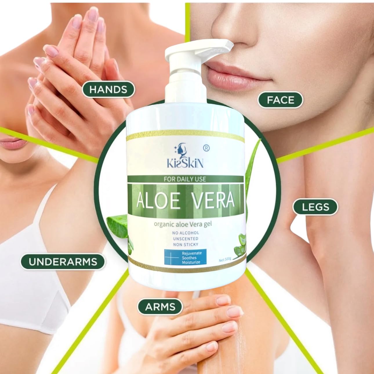 kisskin Organic Aloe Vera Gel, 100% Pure Soothing Moisturizer And Hydrating Gel, Fast Absorbing, For Face,Body,Hair,Skin,Scalp And Sunburn Relief, No Alcohol, Big 500ML Pump Bottle.