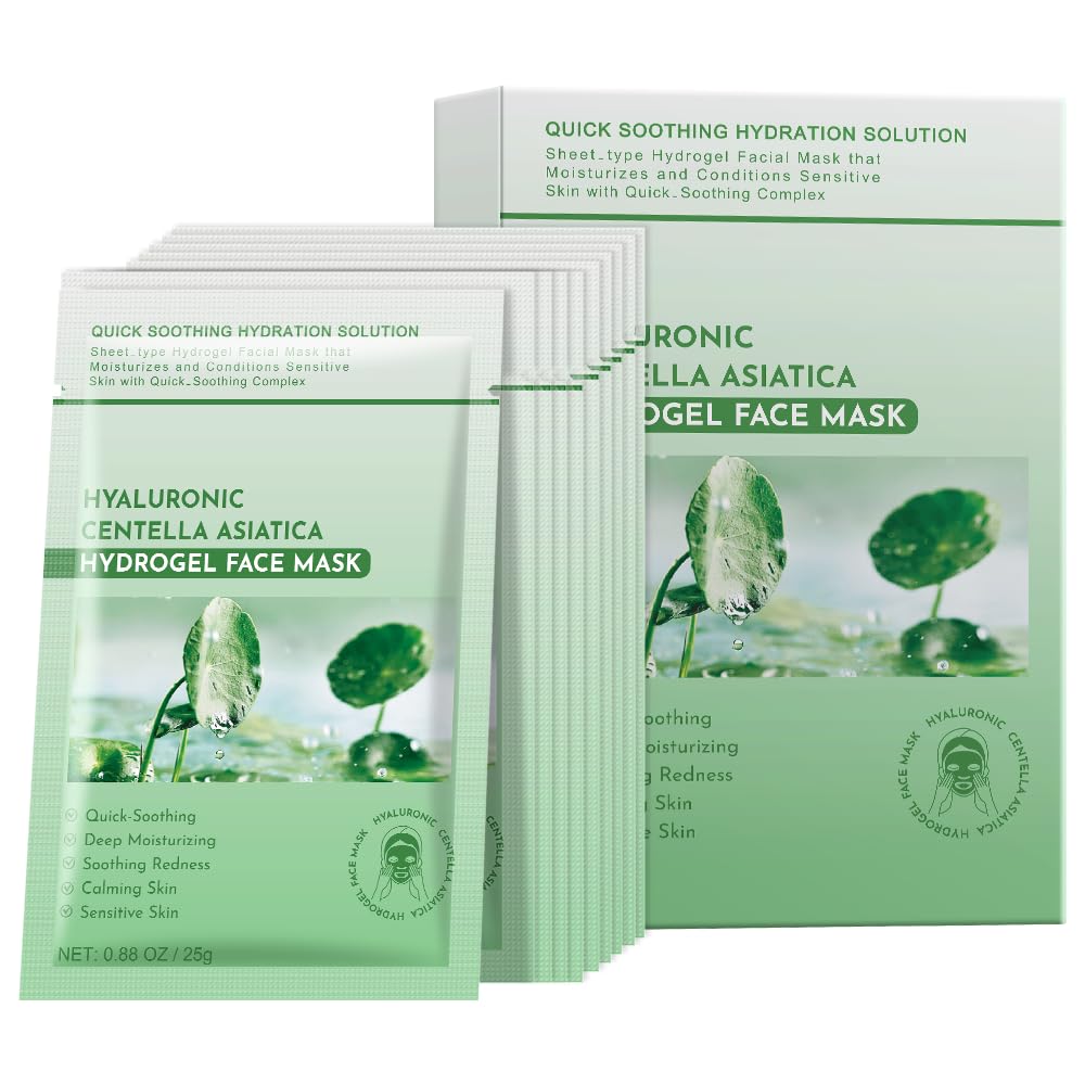 Centella Asiatica Soothing Facial Masks Calming Sheet Mask Hyaluronic Acid Hydrating Sheet Face Mask for Sensitive Skin,Centella Asiatica Calming Mask with Panthenol,Hydrogel Sheet Mask,10 Pack