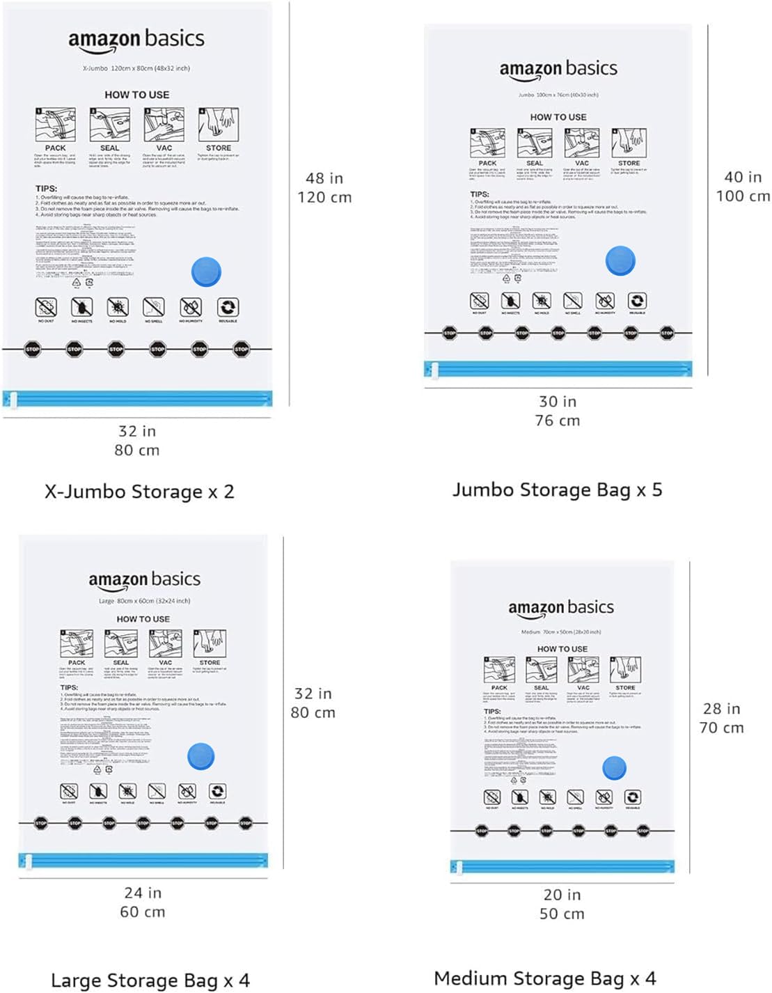 Amazon Basics Vacuum Compression Space Saving Storage Bags with Hand Pump for Travel, Multiple Sizes for Clothes and Blankets, Clear, 20 Pack (5 Small, 5 Medium, 5 Large & 5 Jumbo)