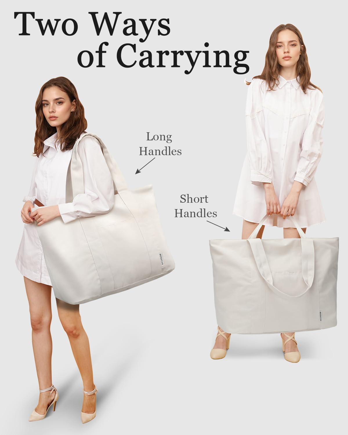 ROSECER Extra Large Tote Bag for Women, Foldable Beach Bag with Wet Pocket, Waterproof Weekender Overnight Bag for Travel, Gym, Hospital, Swim, Nurse, Beige