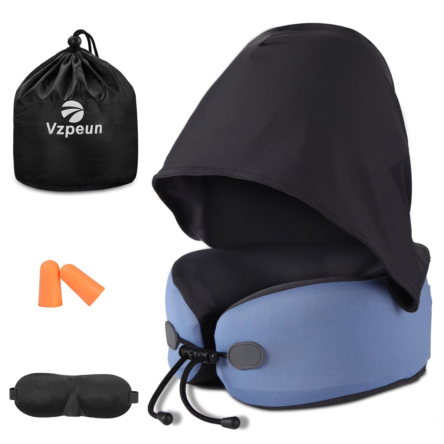 Vzpeun Neck Pillow for Travel - Hooded Memory Foam Plane Pillow for Airplane, Office, Cars Sleeping, Road Trip, Long Flights, Portable Plane Accessories, Includes Eye Mask & Earplugs Blue