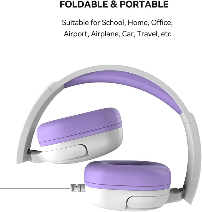 Kids Headphones for School, 3.5mm Jack Wired Headphones for Kids with Safe Volume Limiter, HD Stereo Sound On-Ear Girls Boys Toddler Headphone for Tablet, iPad, Kindle(WhitePurple)
