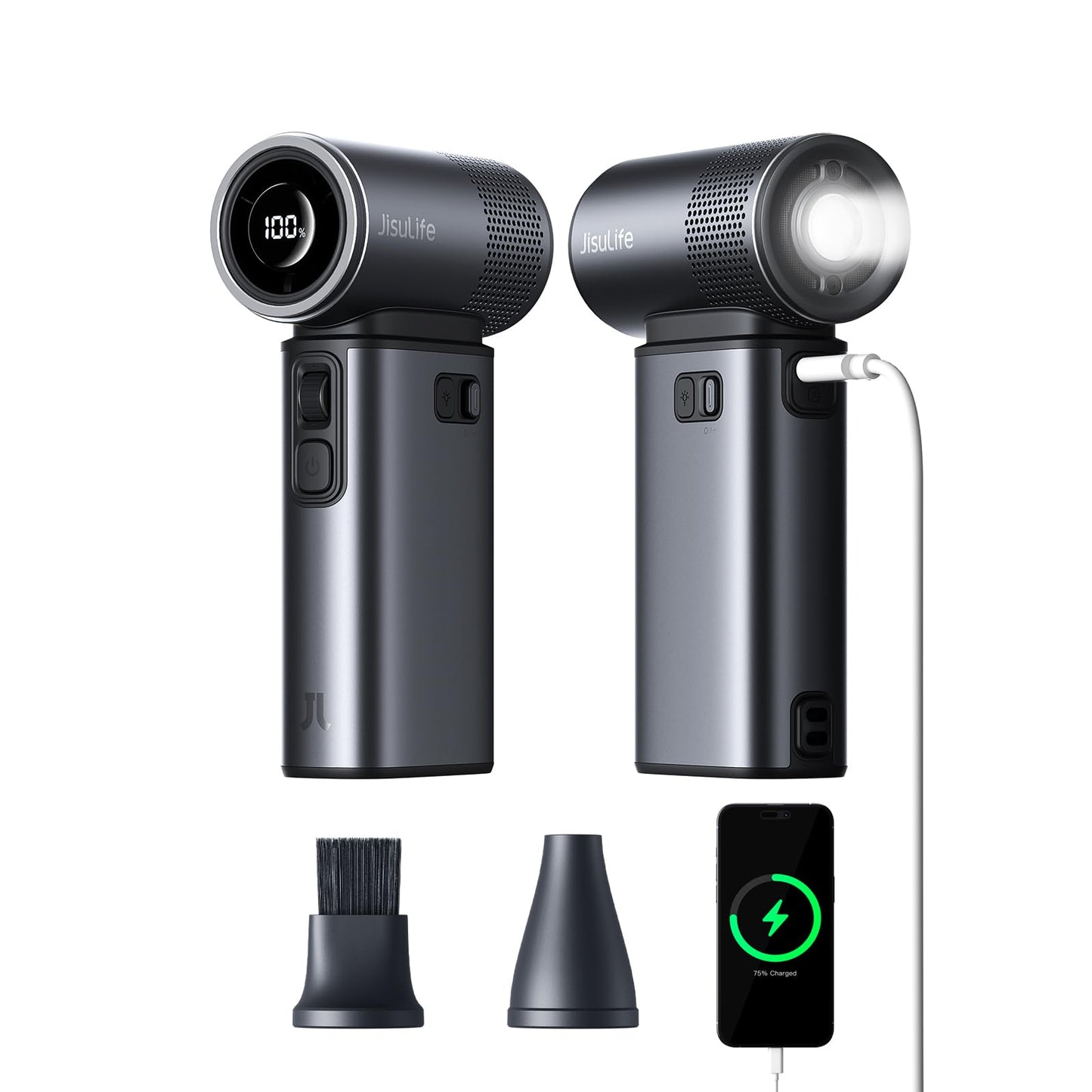 JISULIFE Portable Handheld Fan Ultra2, 9000mAh Max 25 Hrs, 5 IN 1, 100 Speed Turbo Fan Rechargeable 18W Power Bank with Flashlight, Metal Shell Multi-Function Travel Essentials Gifts for Men-Grey