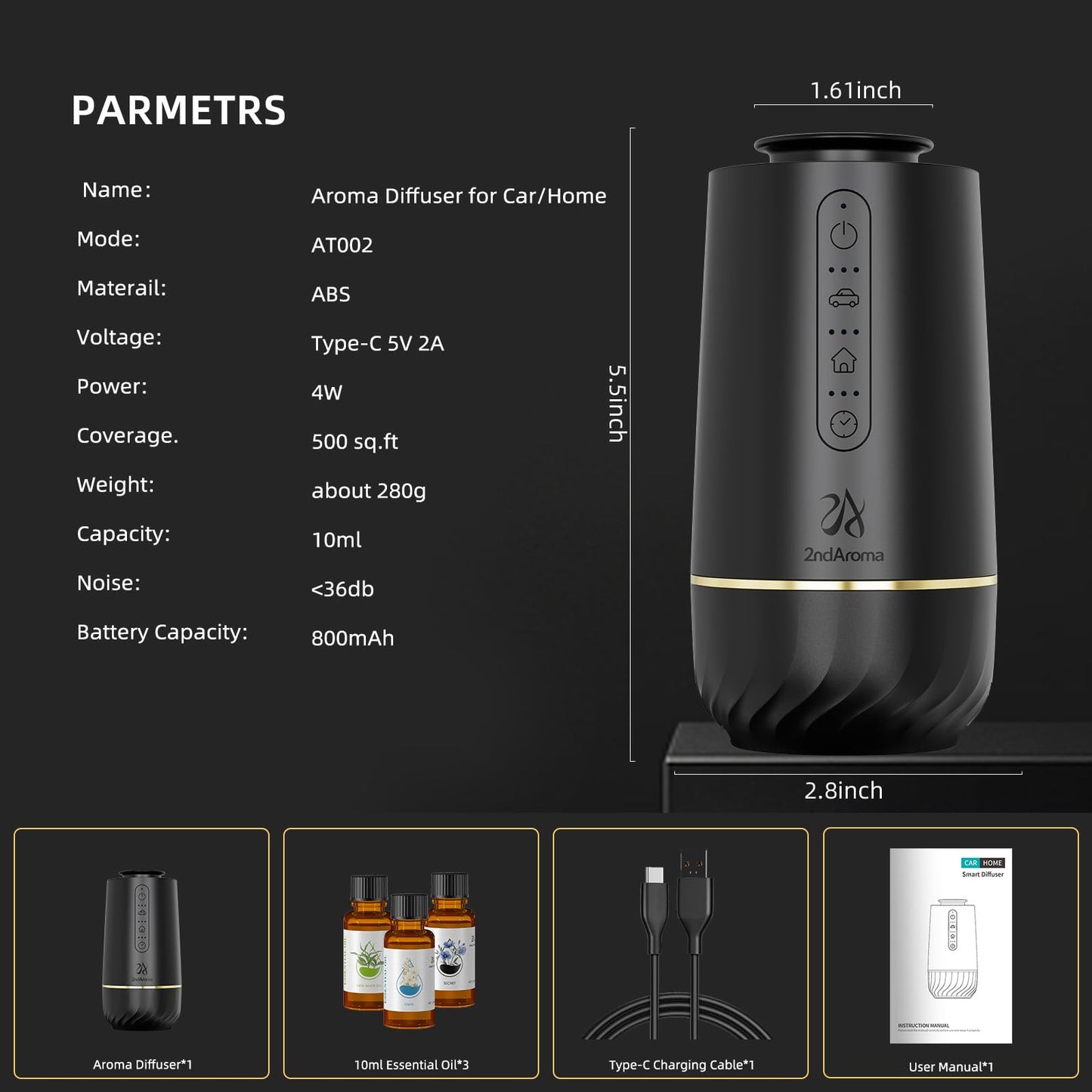 2ndAroma Waterless Oil Diffuser, Portable Car Diffusers for Essential Oils, Wireless Diffusers with 3 Mist Levels & Timer, ABS Material, Starry Night Light for Car Home Office, Includes 3 Scent Oils