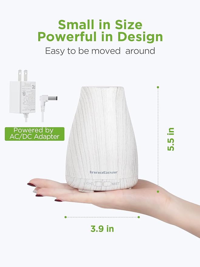 InnoGear Essential Oil Diffuser, Premium 5-in-1 Diffusers for Home Scent Aromatherapy Diffuser Air Desk Humidifier for Bedroom Large Room Office 7 Color LED 2 Mist Mode Waterless Auto Off, White Grey