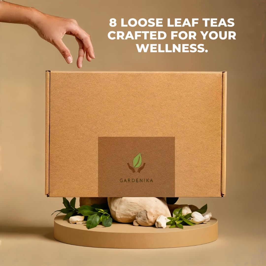 Gardenika Organic Loose Leaf Tea Sampler – 8 Pack, 1 LB – Herbal and Naturally Caffeine-Free Set - Ayurvedic Assortment Blend