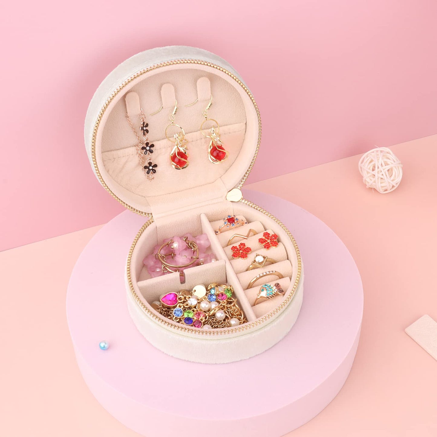 DesignSter Travel Jewelry Box - Velvet Mini Jewelry Organizer, Small Jewelry Case for Girls Women, Jewelry Storage Box for Rings Earrings Necklace (Circular, Lotus Pink)