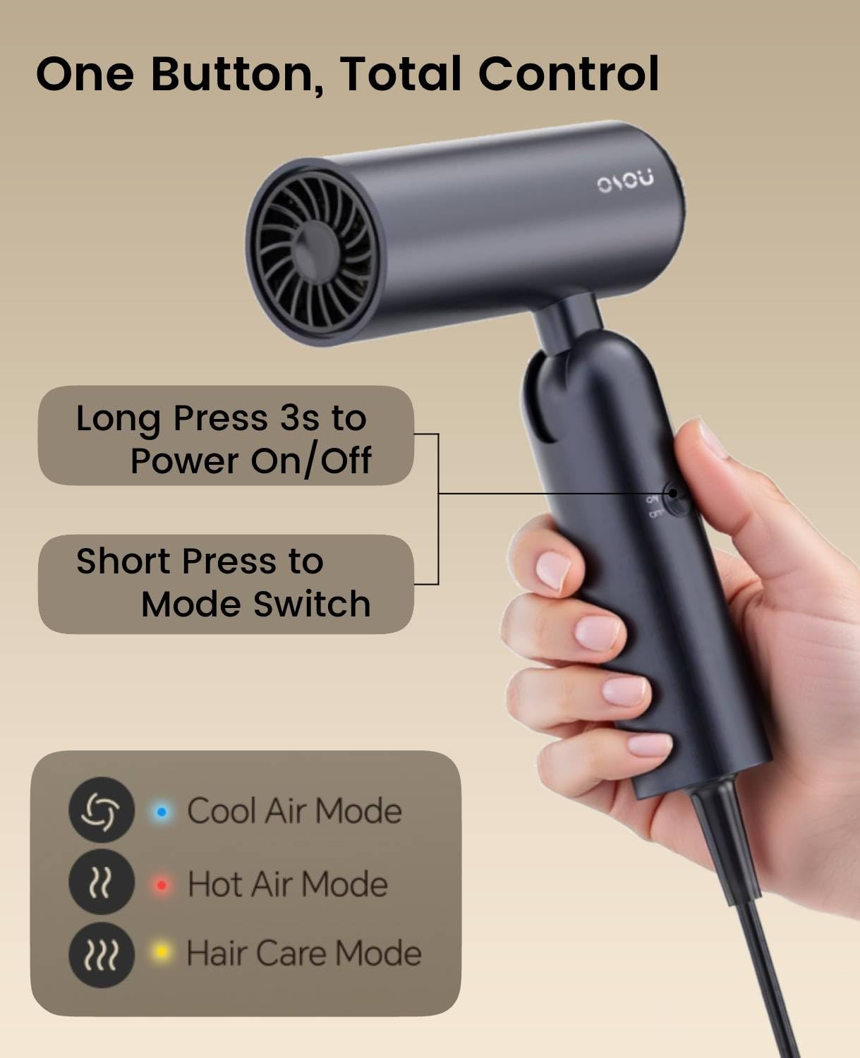 osou Travel Hair Dryer, Dual Voltage with Auto-Sensing, 1B Plasma Particles, 200times/s Temp Control, Portable Blow Dryer with Single-Sided Comb, Gray