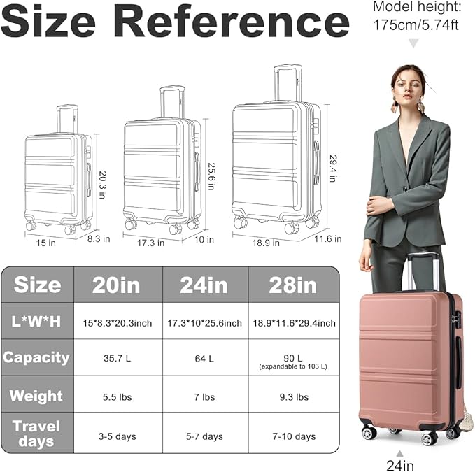 Kono 24 Inch Luggage Suitcase Lightweight with Spinner Wheels TSA Lock Hardside Medium Checked Luggage Durable Rolling Suitcase Nude/Rose Pink